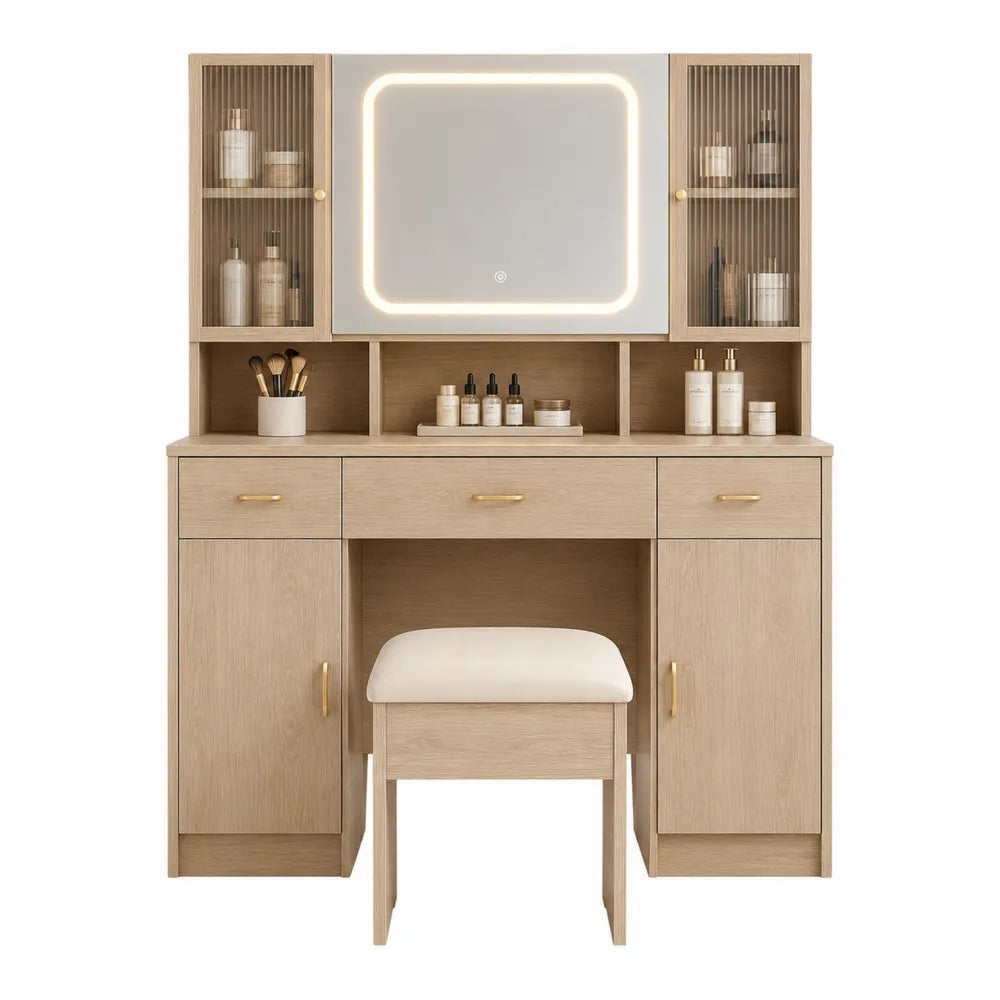 Oak Vanity Set with LED Mirror and Stool