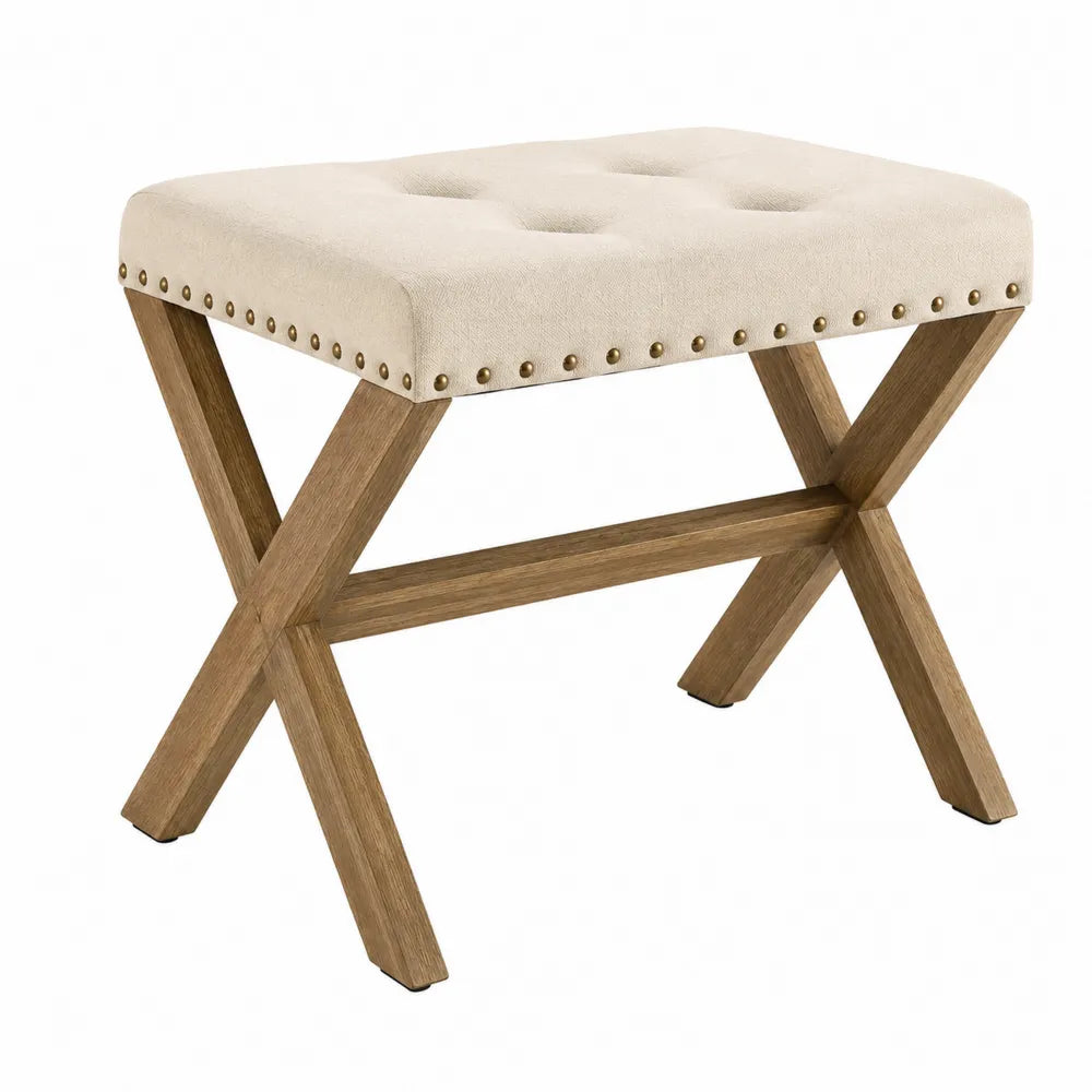 Linen Fabric Upholstered Bench with Solid Oak Wood Frame Beige 48x36x45 cm