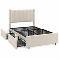 Queen Upholstered Bed Frame with Storage Drawers Beige Fabric Metal Frame