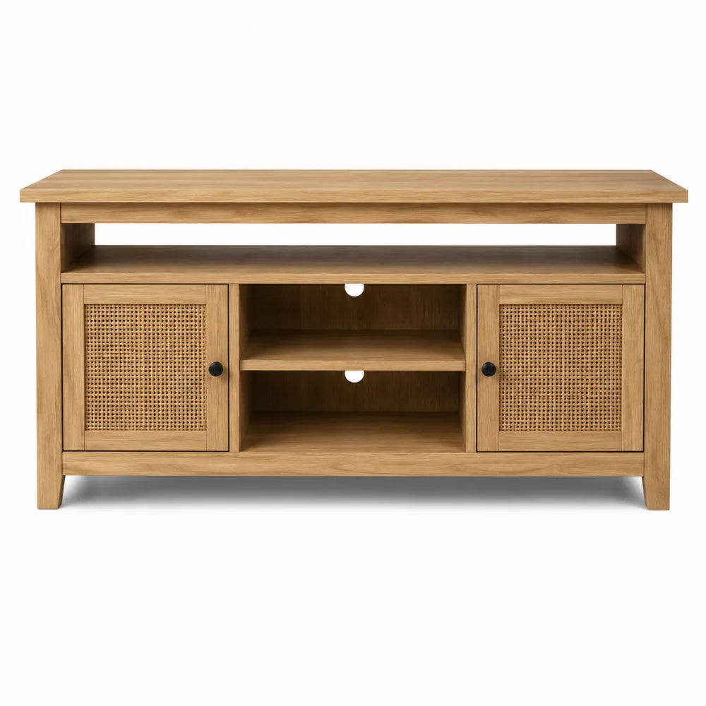 TV Stand Entertainment Center Rectangular Oak Wood with Rattan Doors 120cm