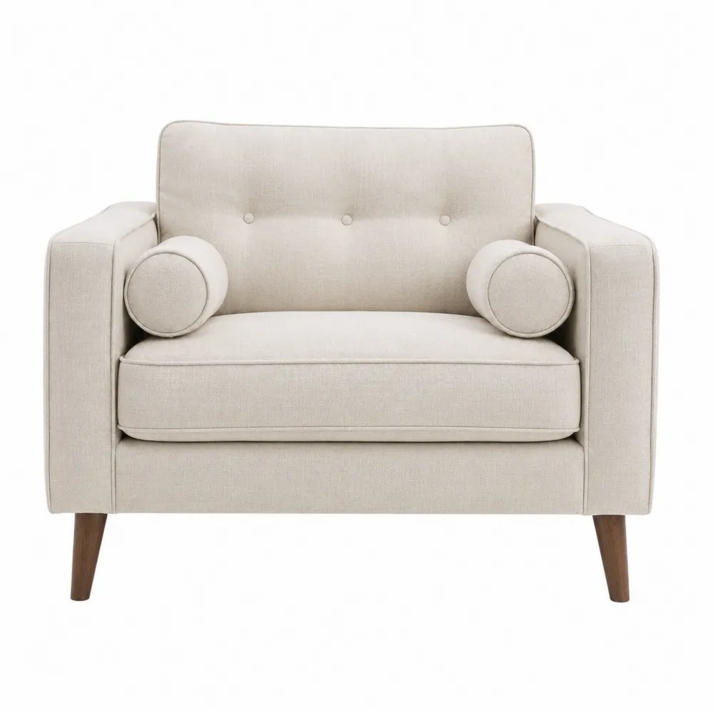 Beige Linen Upholstered Armchair with Solid Wood Legs