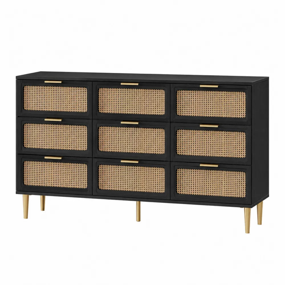 Wood Dresser with 9 Rattan Drawers Black and Natural – villahearth