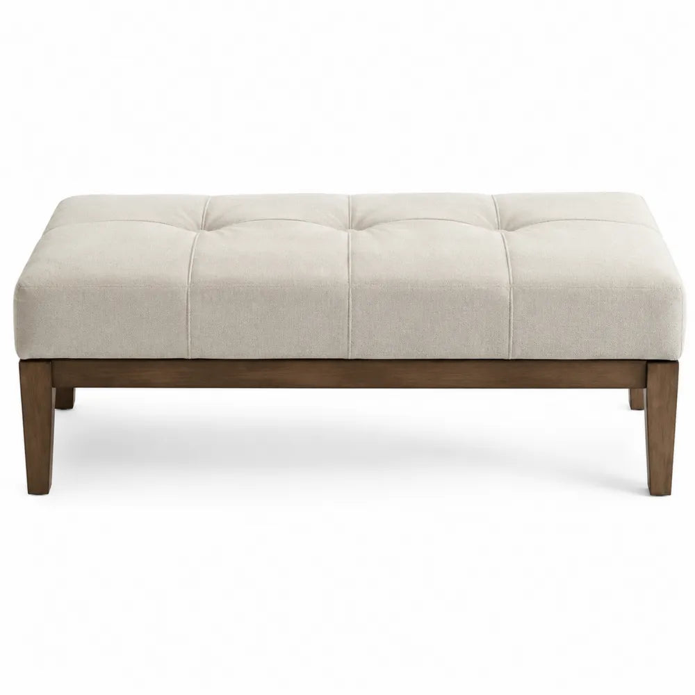 Rectangular Linen Ottoman with Wooden Frame Beige 36in x 24in x 15in