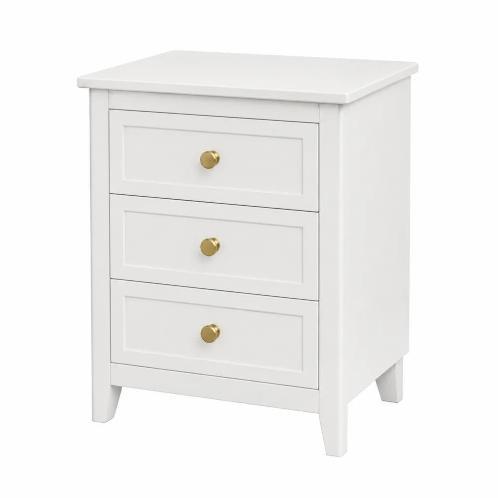 Wooden Nightstand with Three Drawers and Gold Knobs