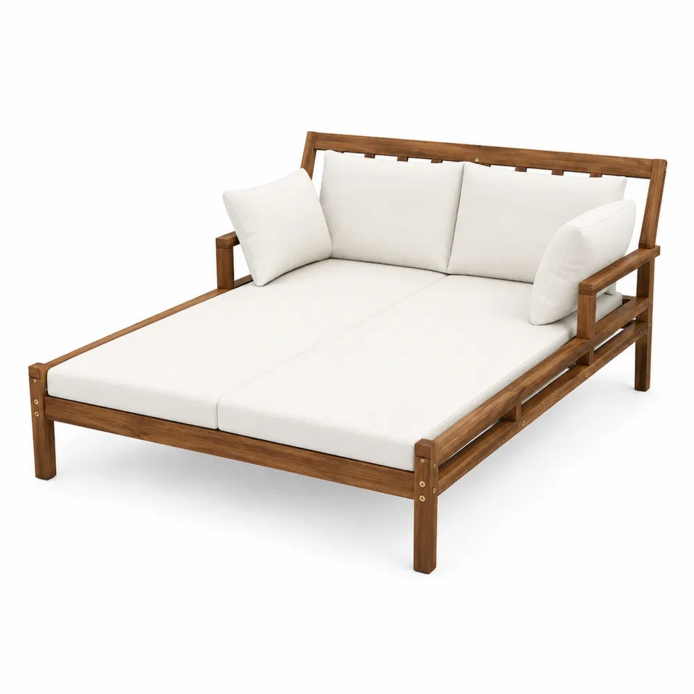 Acacia Wood Outdoor Double Daybed with Beige Cushions