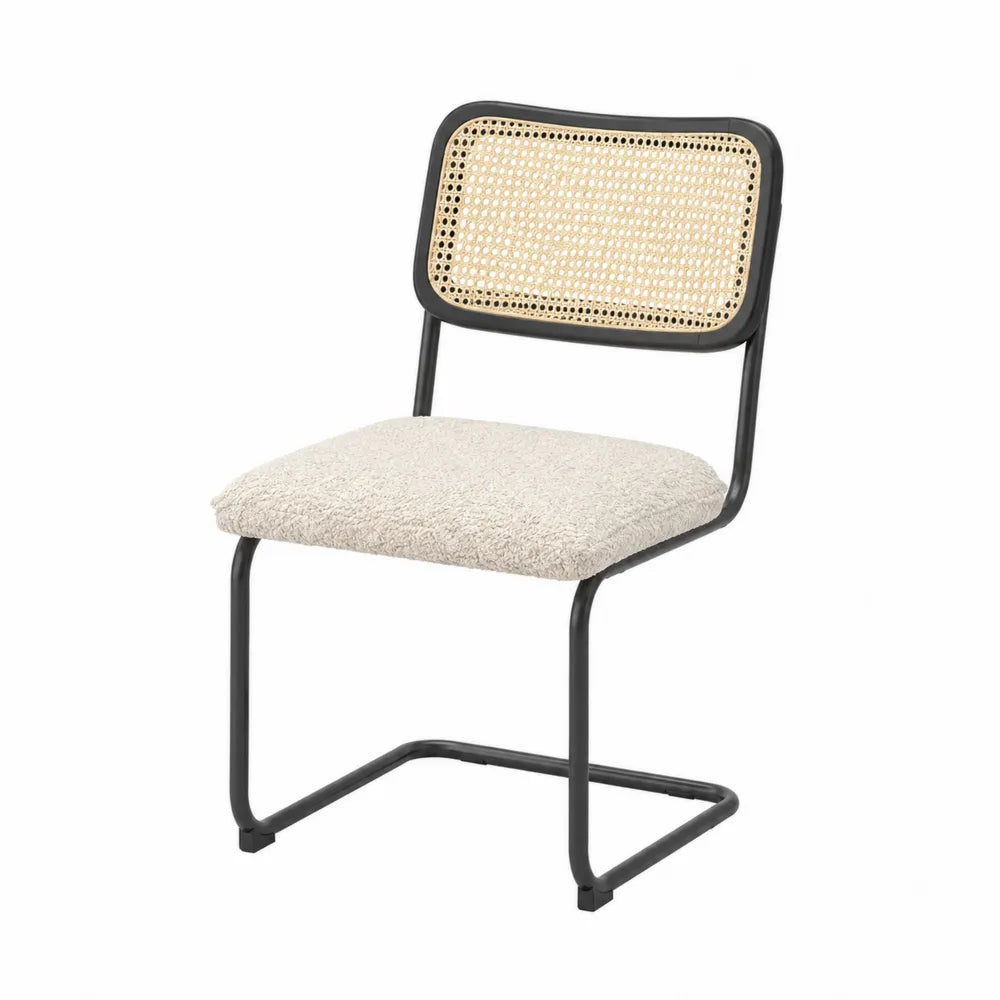 Rattan Back Dining Chair with Fabric Seat and Black Metal Frame Beige