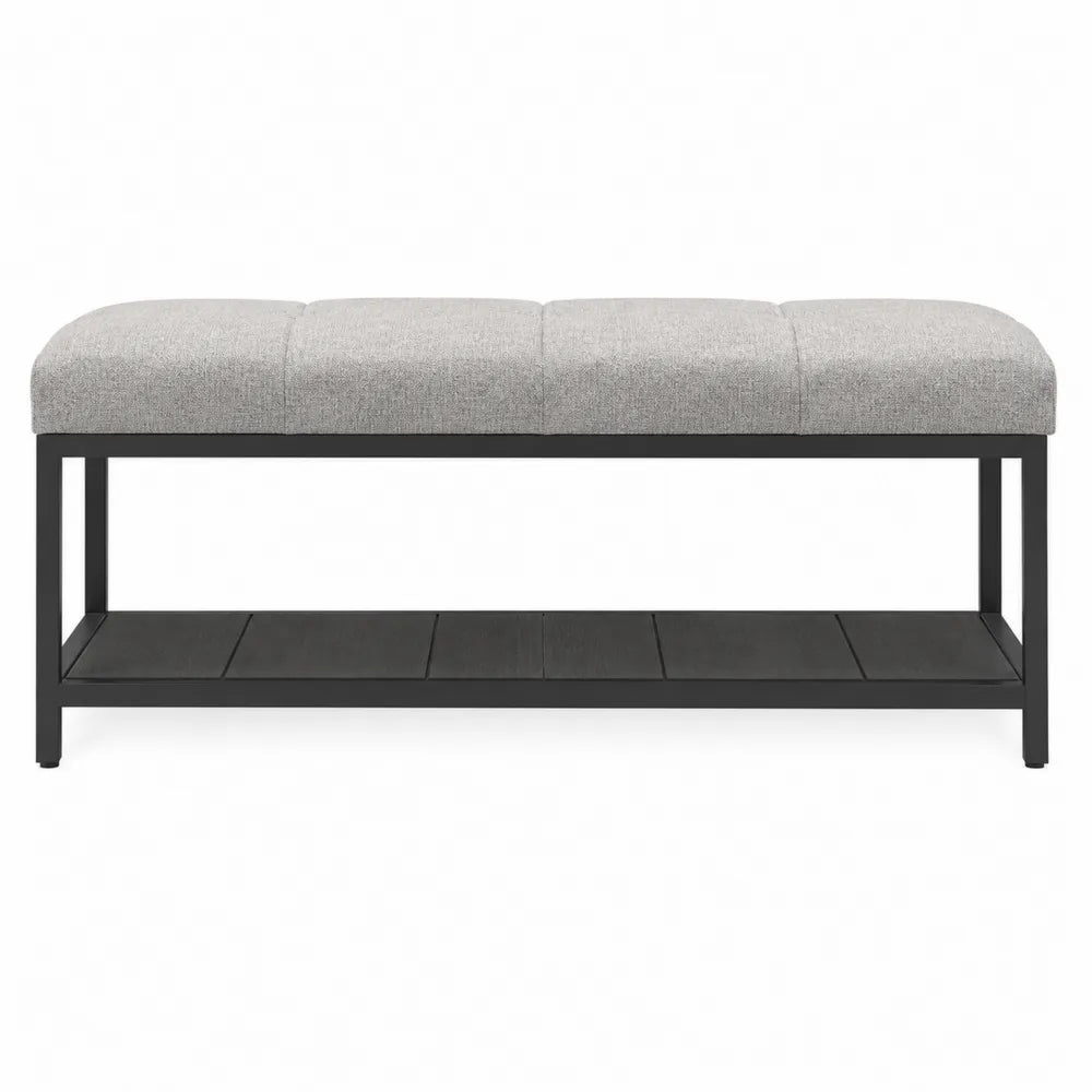 Metal Frame Bench with Upholstered Seat and Wood Shelf Gray 47.24in x 15.75in x 17.72in