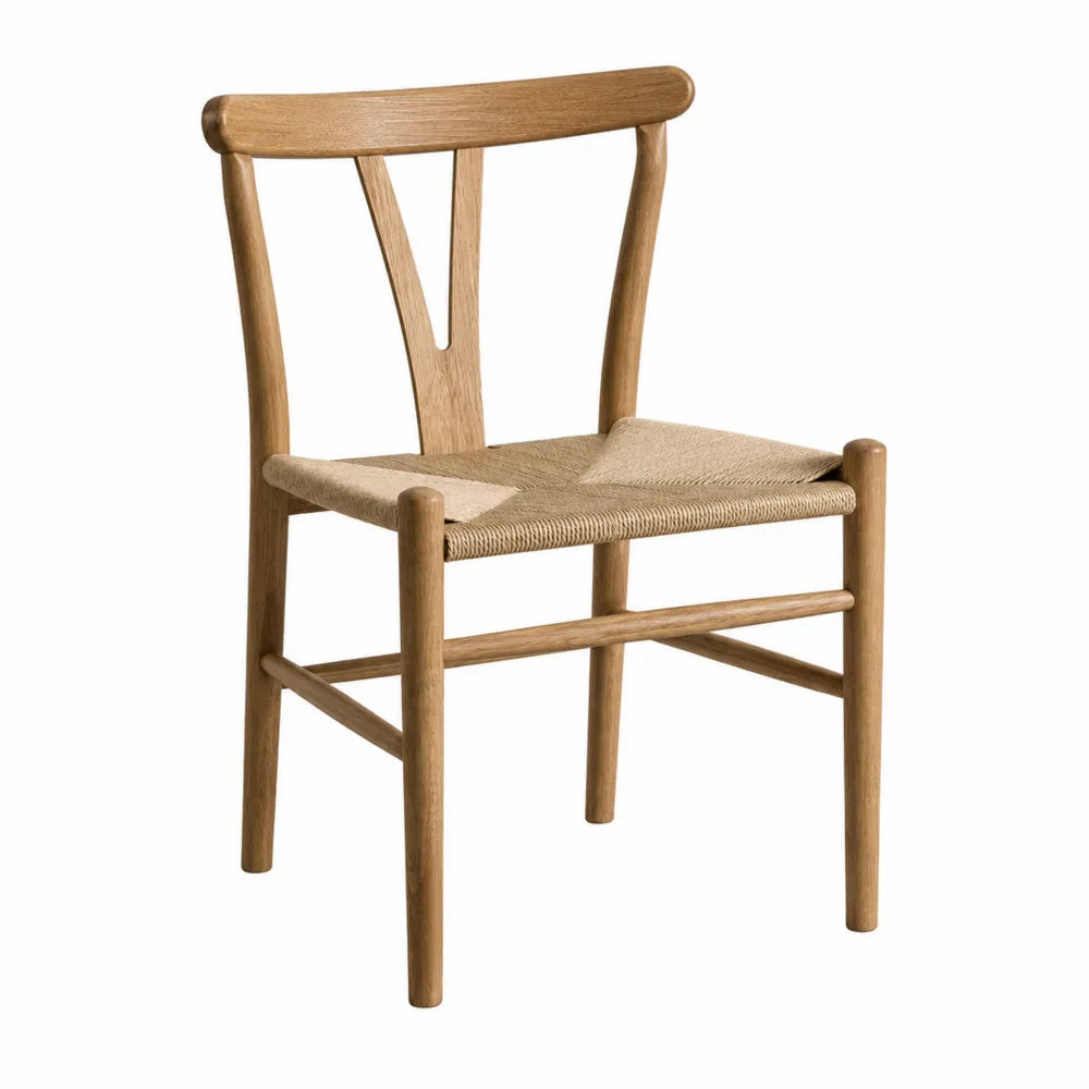 Oak Wood Chair with Woven Rope Seat Beige