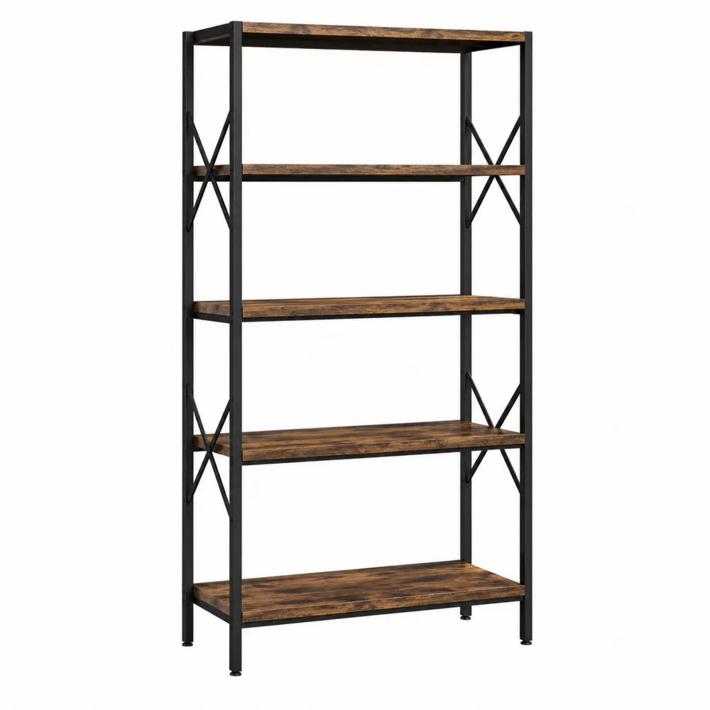 5-Tier Metal and Wood Bookcase Rustic Brown 180cm Tall