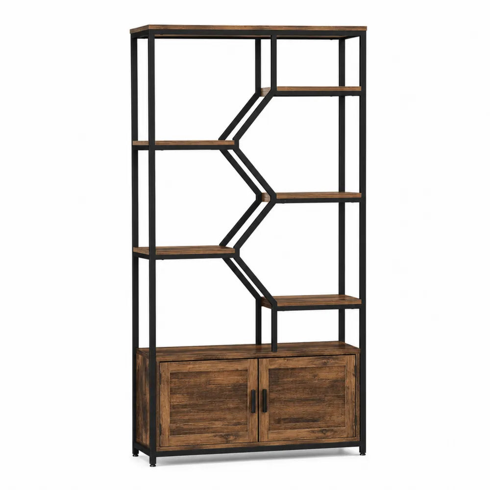 Industrial Metal Frame Bookshelf with Engineered Wood Shelves and Cabinets