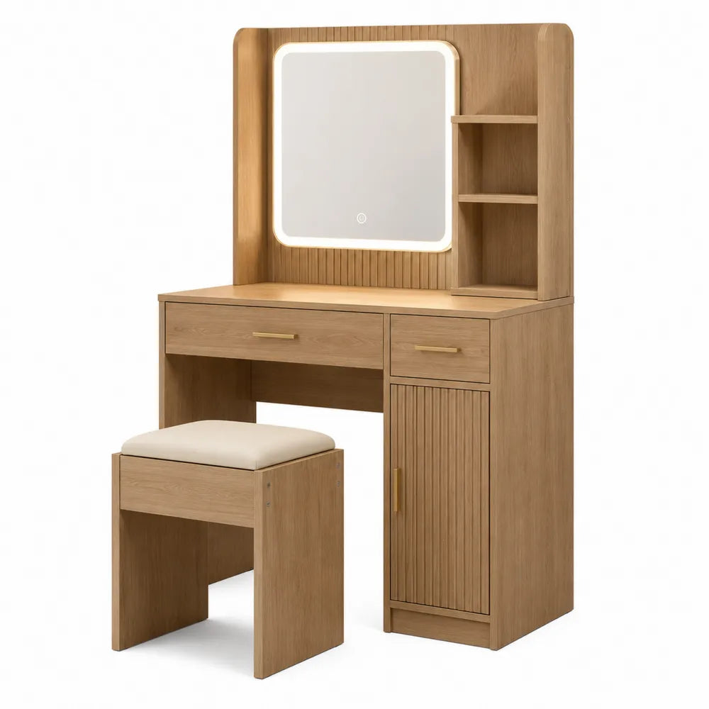 Wooden Vanity Set with LED Mirror and Stool