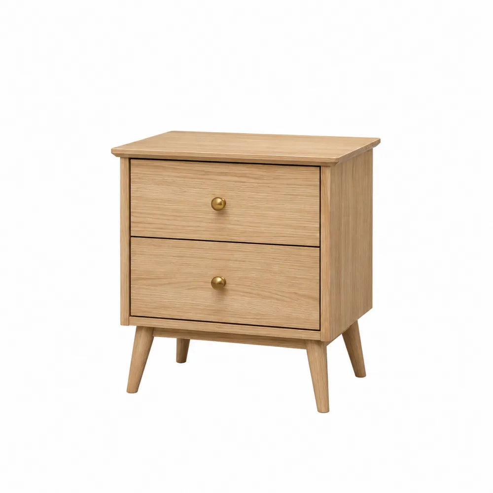Wooden Nightstand with 2 Drawers Solid Oak 50cm Height
