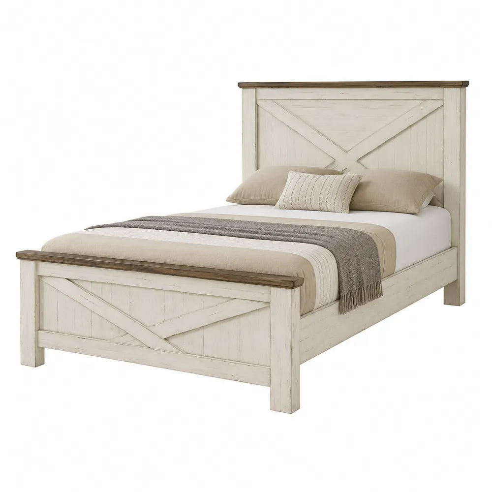 Wooden Queen Bed with Headboard and Footboard, White/Brown Finish