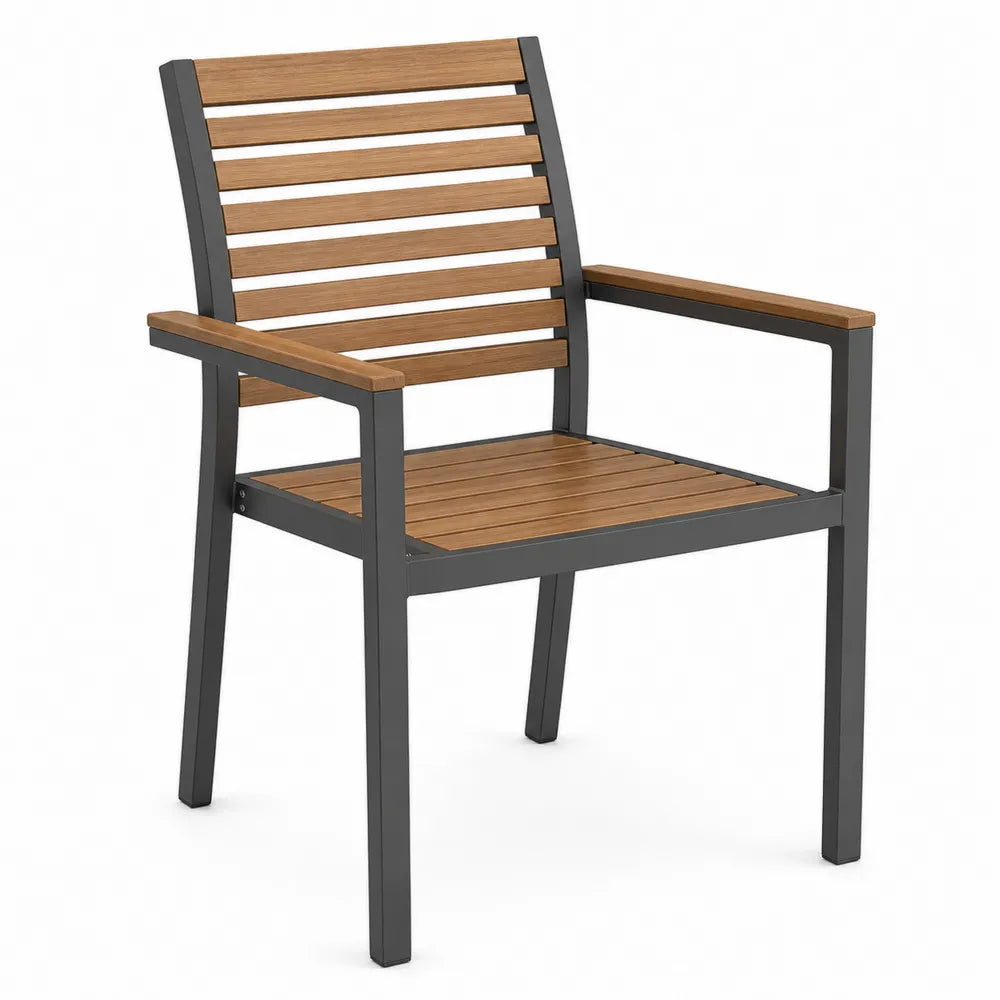 Outdoor Patio Armchair with Metal Frame and Teak Wood Slats