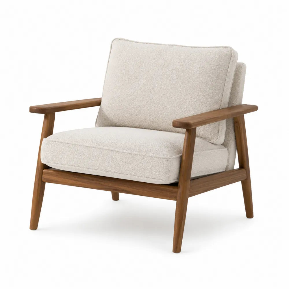 Mid-Century Modern Oak Wood Frame Armchair with Boucl¨¦ Fabric Cushion Beige