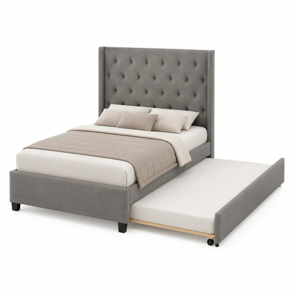 Queen Fabric Upholstered Bed with Trundle Tufted Grey