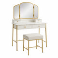 Vanity Set with Tri-Fold Mirror and Stool Gold Metal Frame White