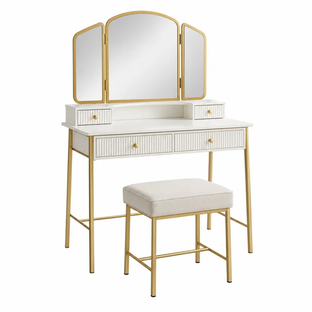 Vanity Set with Tri-Fold Mirror and Stool Gold Metal Frame White