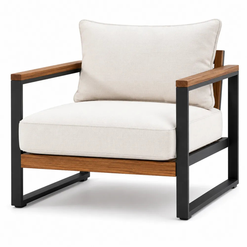 Outdoor Chair Metal and Wood Frame with Beige Cushions