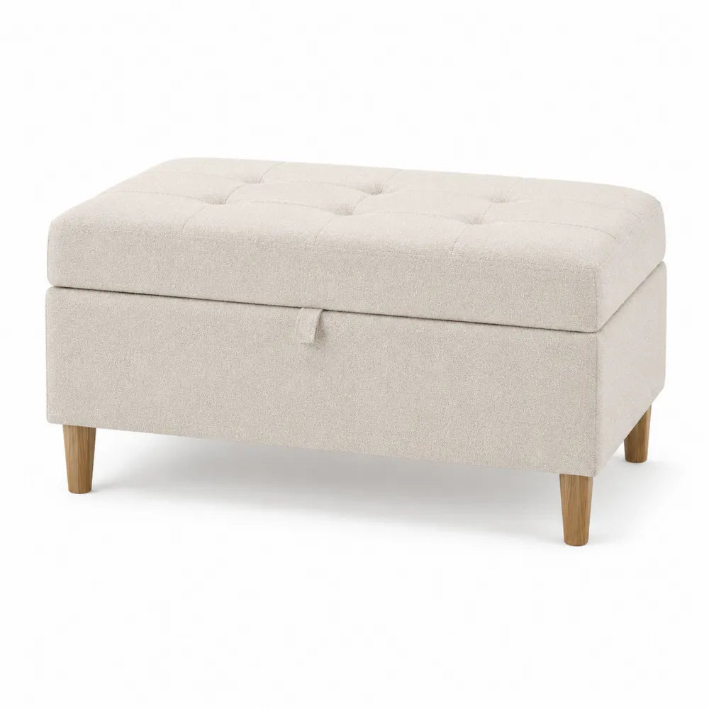 Beige Tufted Upholstered Storage Bench with Wood Legs