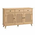 Rectangular Oak Sideboard with Rattan Accents, 3 Drawers, 3 Doors