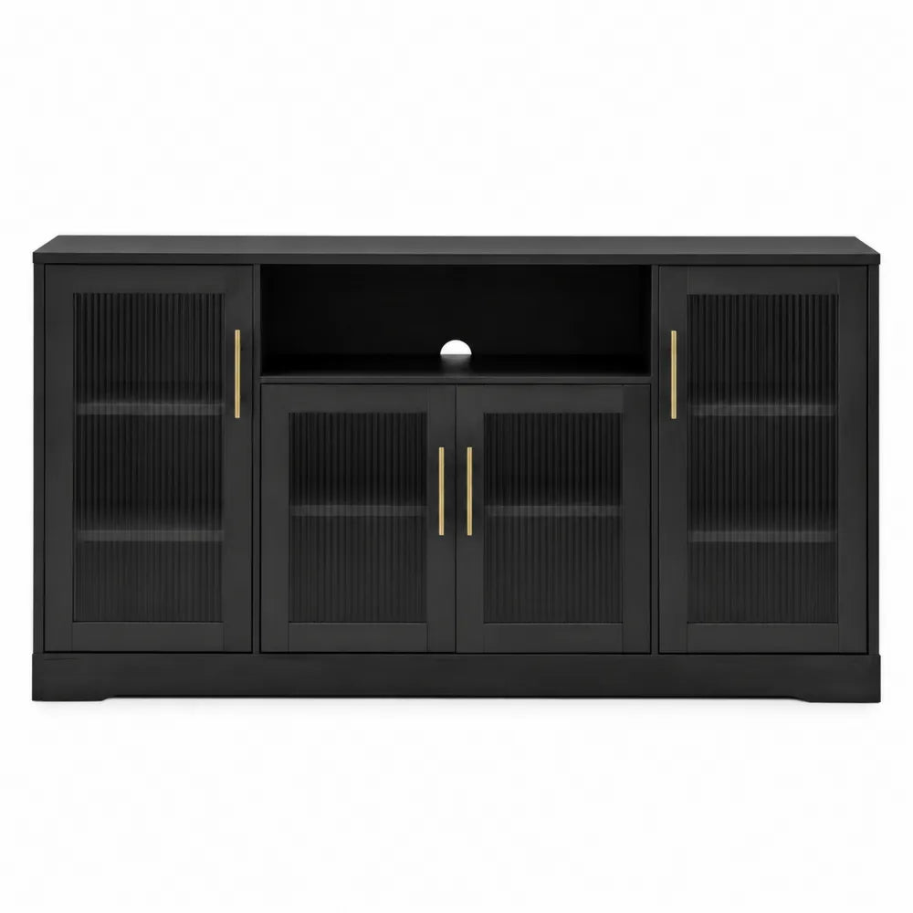 Black Wood TV Stand with Glass Doors and Metal Handles 150x40x75cm