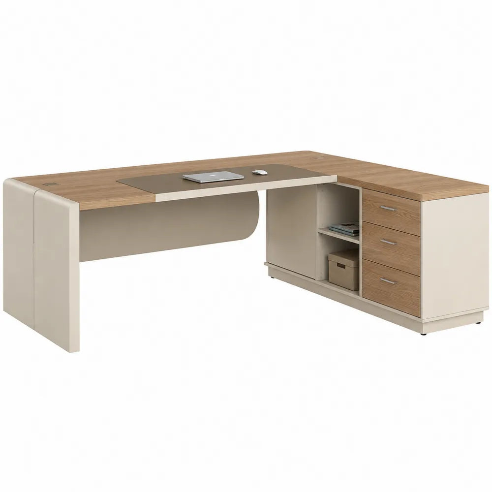 L-Shaped Engineered Wood and Metal Office Desk with Drawers in Beige and Oak