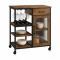 Rustic Brown Wood Metal Bar Cart with Wine Rack and Glass Holder