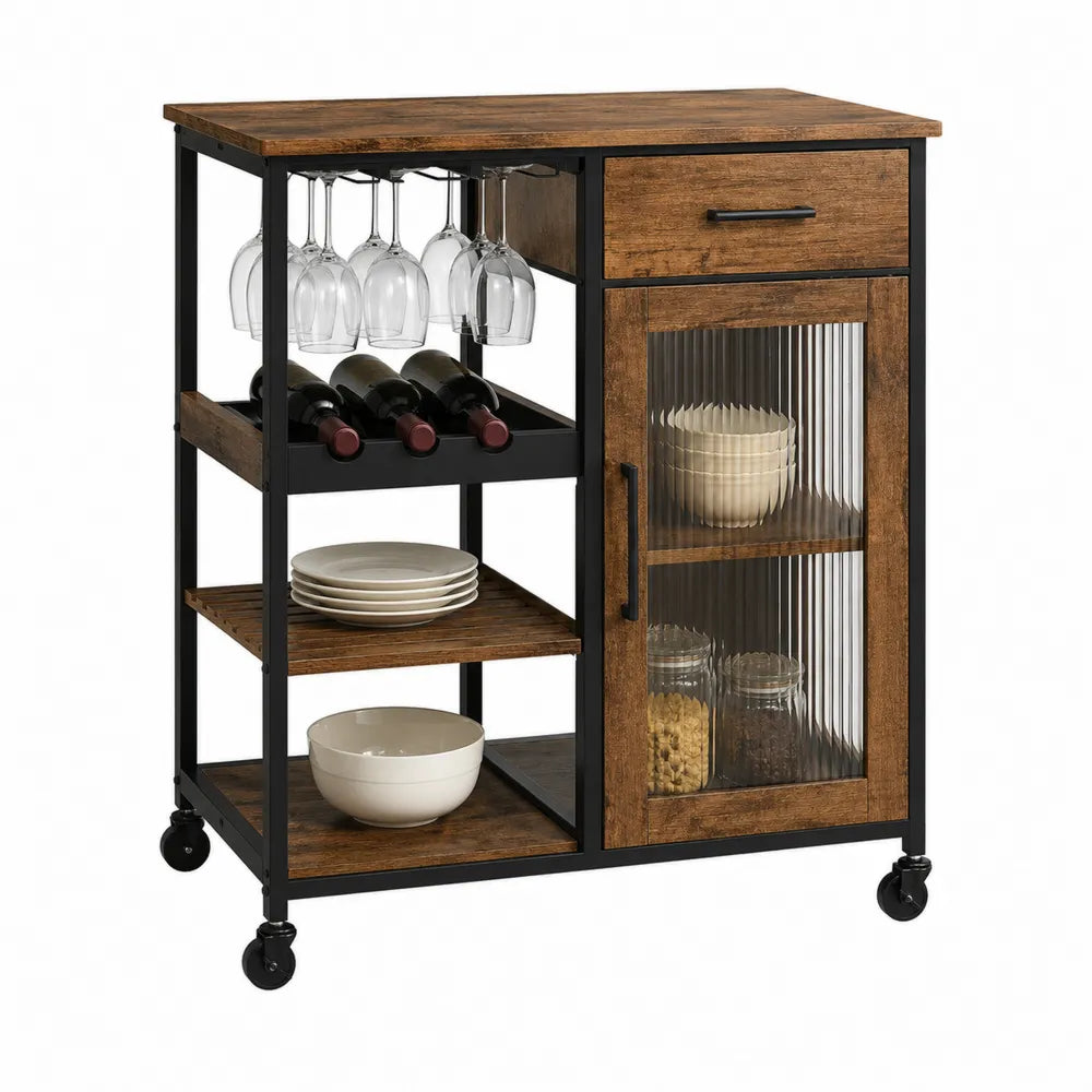 Rustic Brown Wood Metal Bar Cart with Wine Rack and Glass Holder