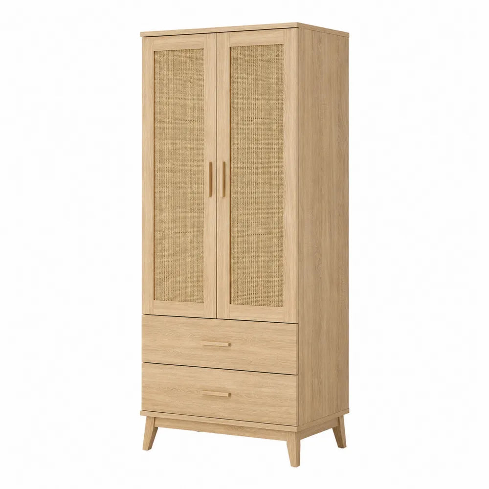 Wooden Wardrobe with Rattan Doors and Drawers 180x75x50 cm