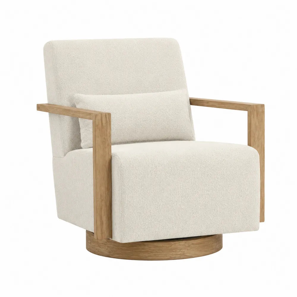 Boucl¨¦ Fabric Swivel Armchair with Oak Frame, Beige, 90x85x75cm