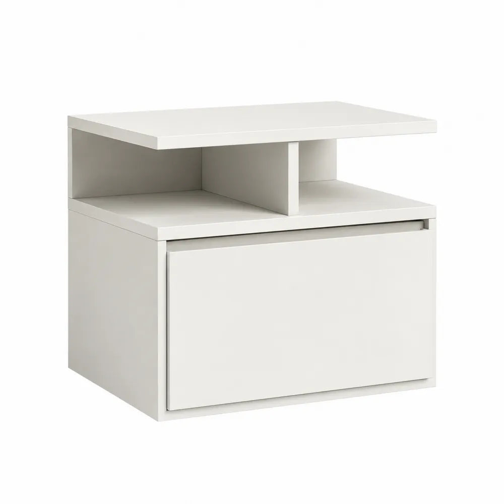 White MDF Nightstand with Drawer and Open Shelf