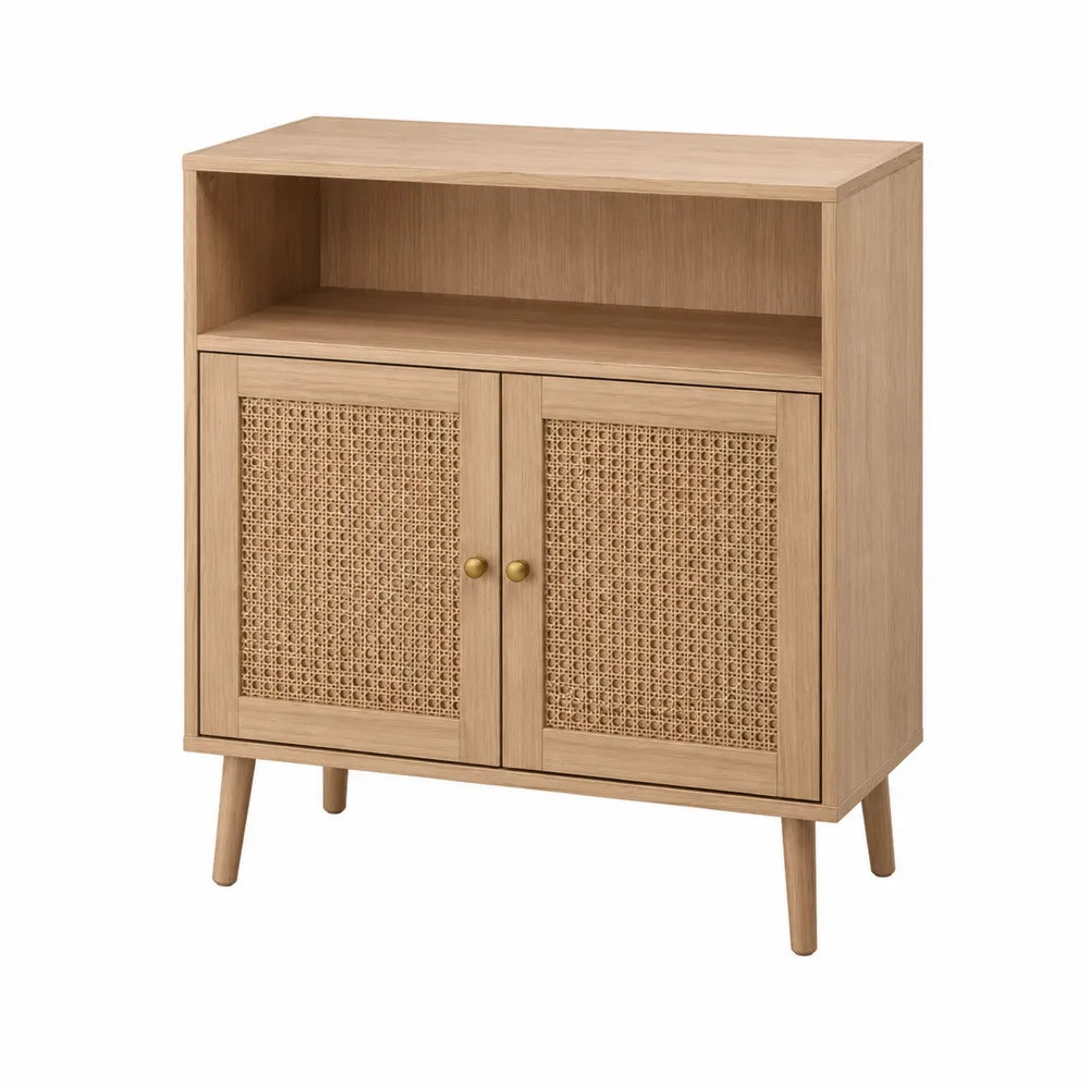 Wooden Sideboard with Rattan Doors Natural 80x40x100cm