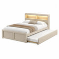 Wooden Queen Platform Bed with Trundle and Headboard Storage Light Beige