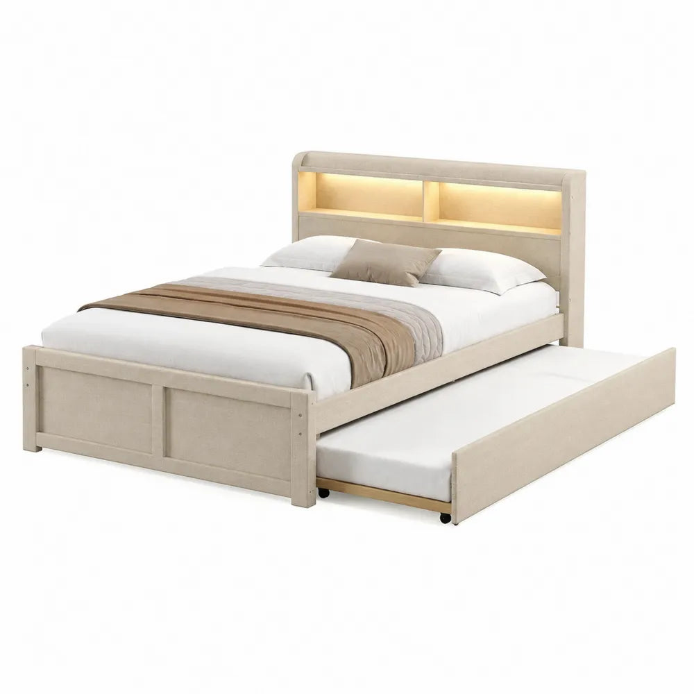 Wooden Queen Platform Bed with Trundle and Headboard Storage Light Beige