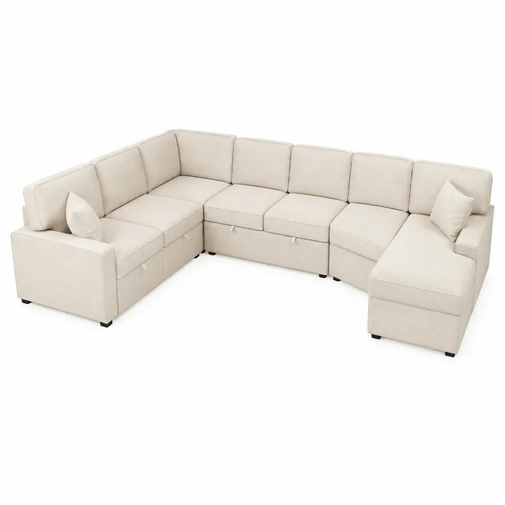 Beige Polyester L-Shape Sectional Sofa Set with Throw Pillows