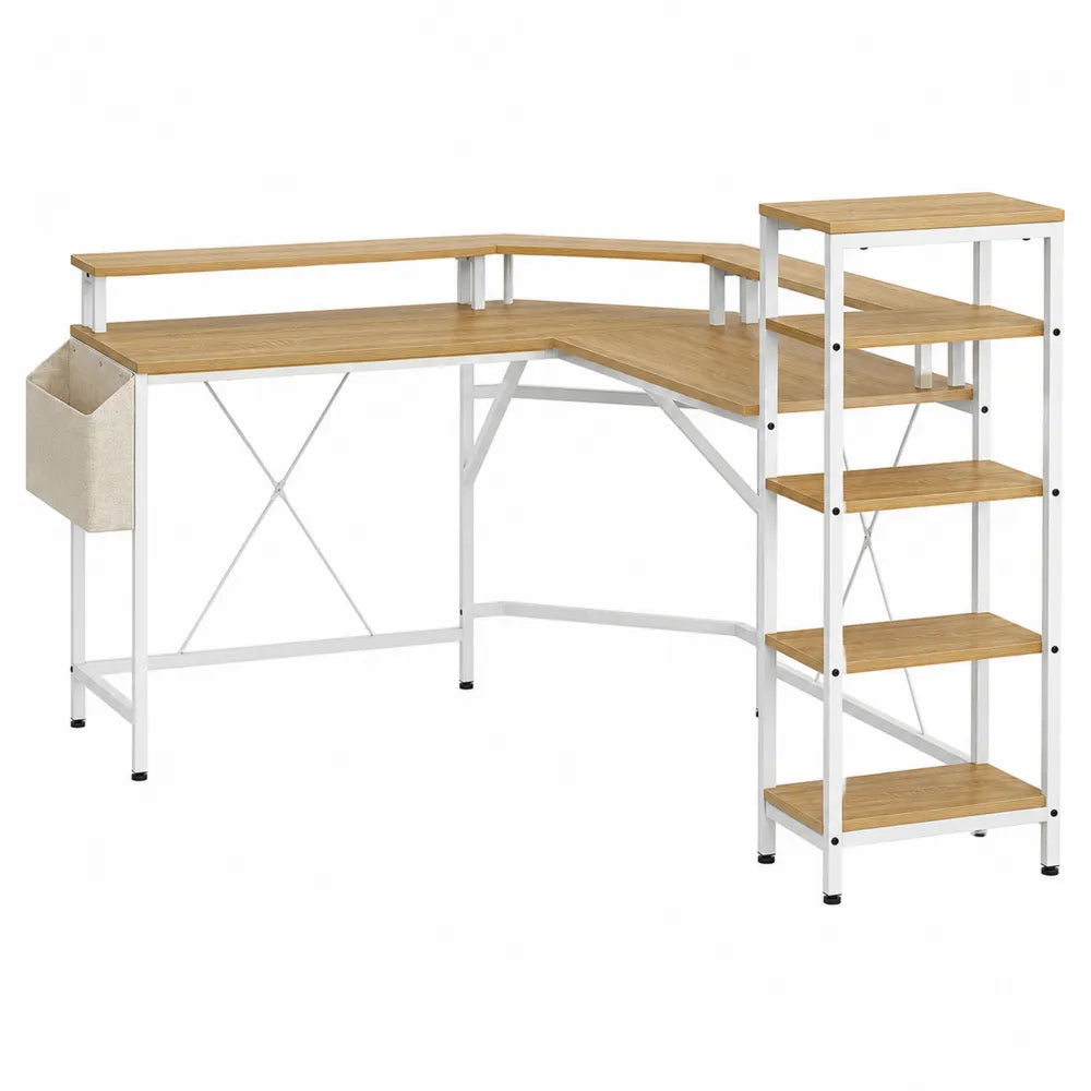 L-Shaped MDF Corner Desk with Metal Frame and Shelves