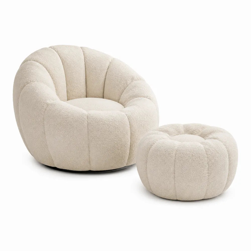 Polyester Fabric Swivel Chair and Ottoman Set Beige