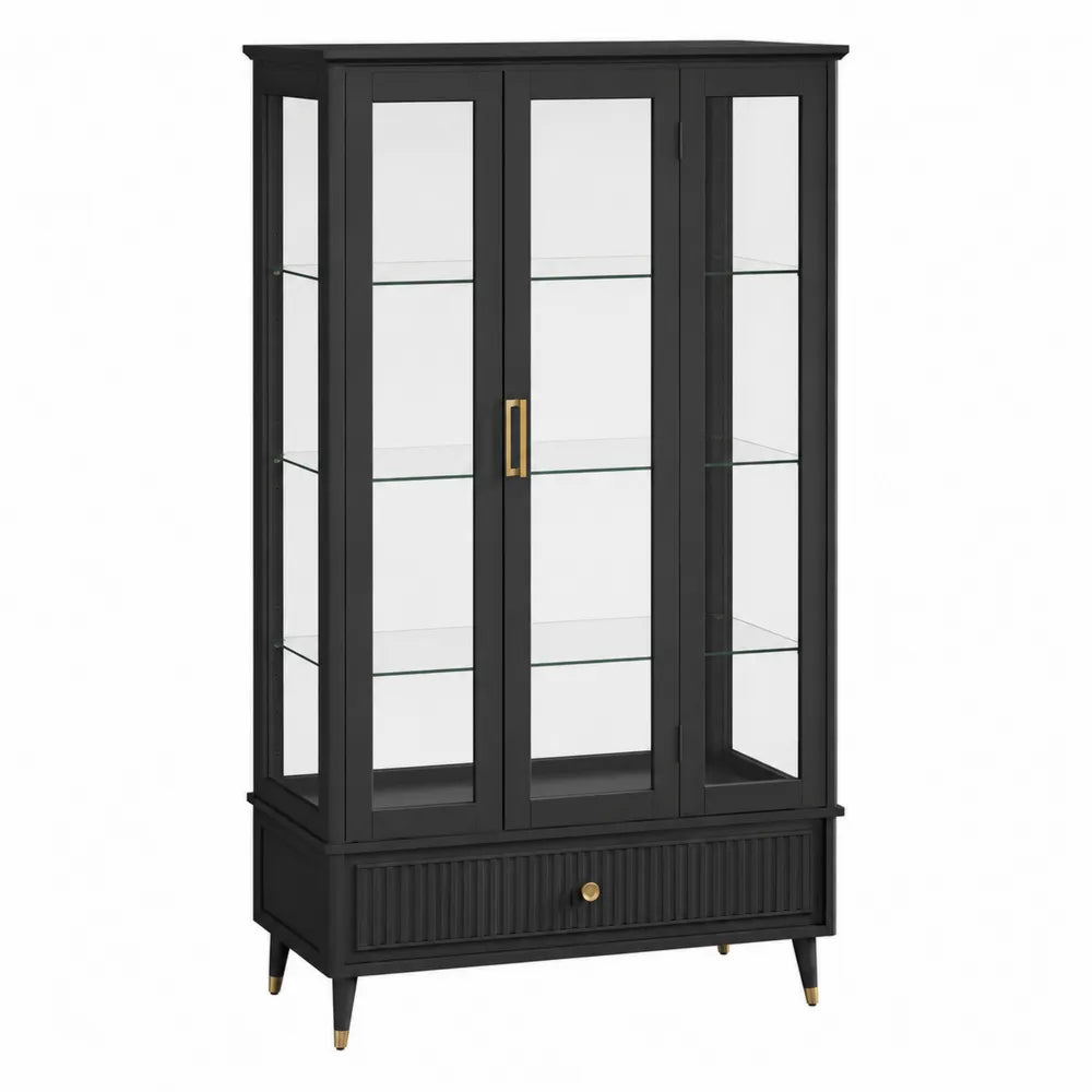 Black Wood and Glass Display Cabinet with Drawer