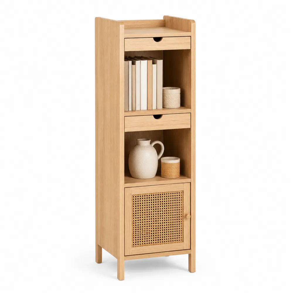 Tall Oak Wood Storage Cabinet with Two Drawers and Rattan Door 120cm