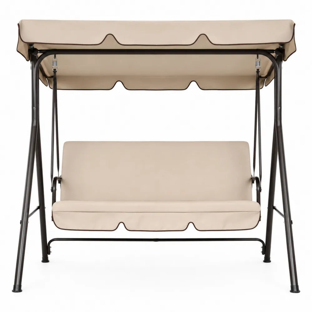 Outdoor Steel Swing Chair with Beige Polyester Canopy and Cushions