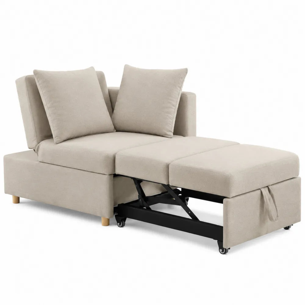 Beige Fabric Convertible Sleeper Sofa with Adjustable Backrest and Storage