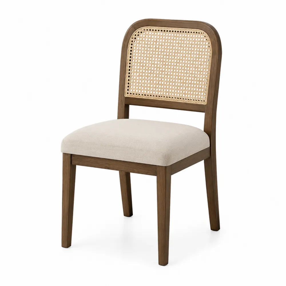 Wood Dining Chair with Rattan Backrest and Linen Seat, Beige 45x55x87 cm