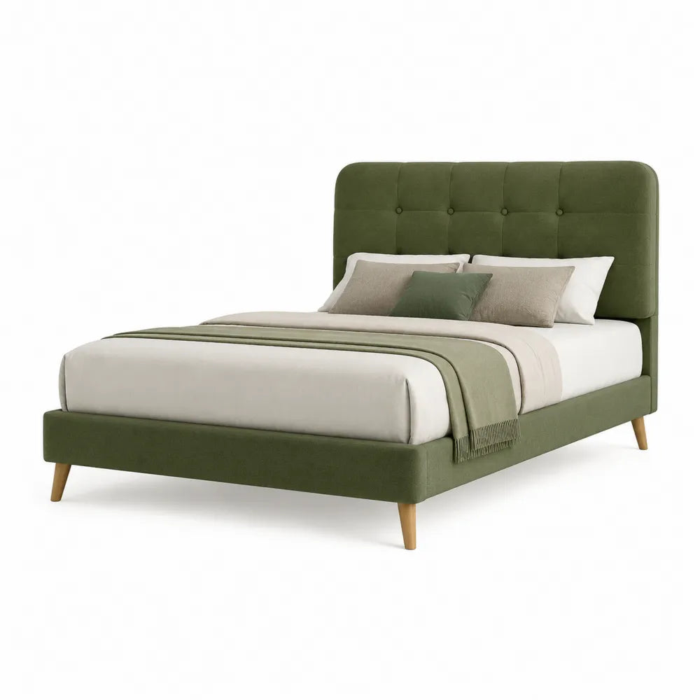 Queen Upholstered Bed Frame with Green Fabric and Wooden Legs