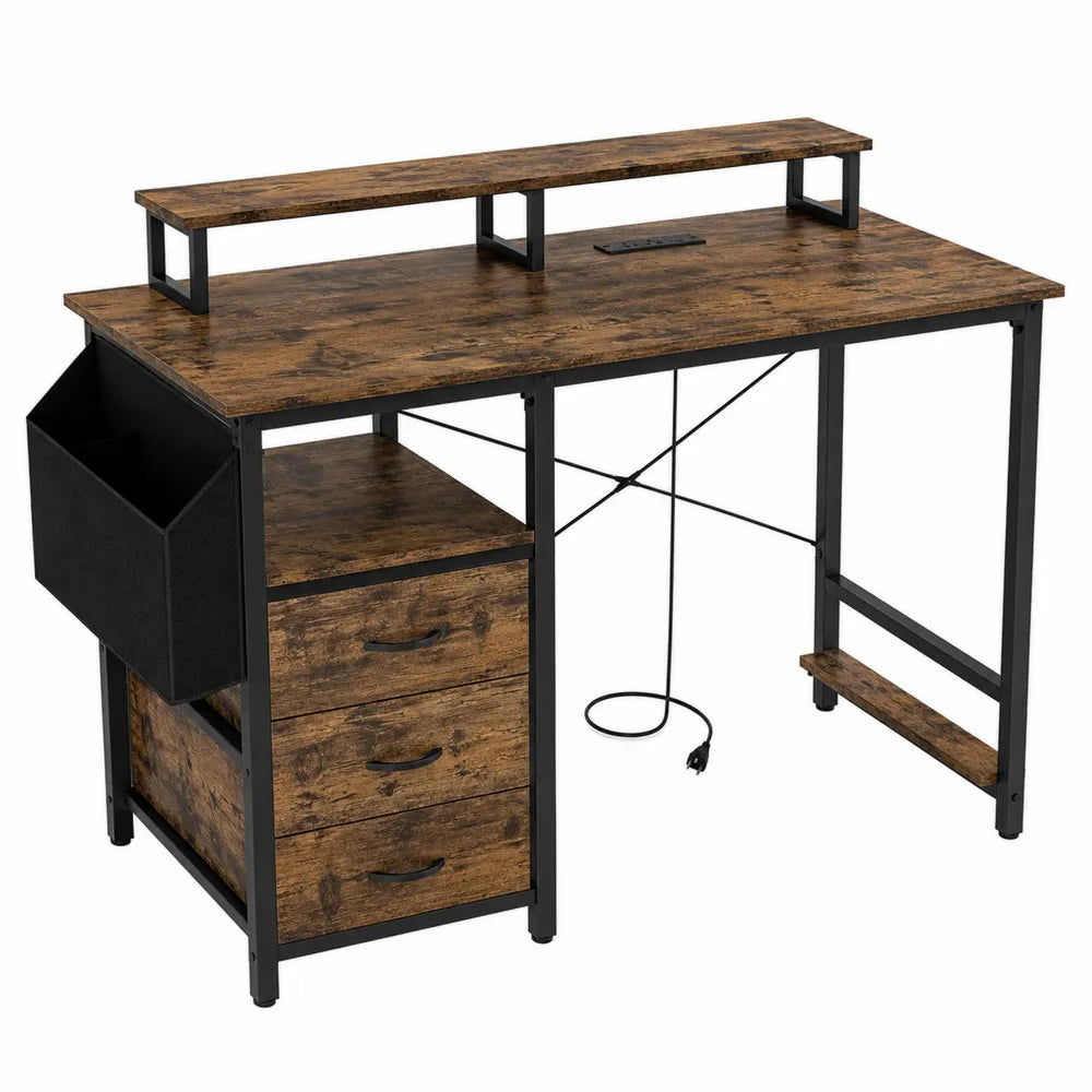 Wood and Metal Computer Desk with Shelves and Drawers
